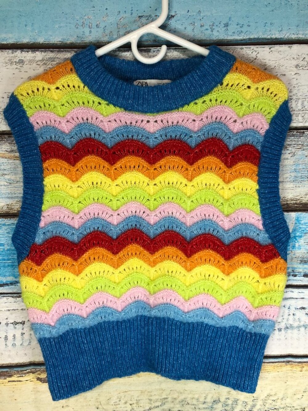 Zara Multicolor Rainbow Crochet Striped Sweater Vest Womens Size Medium Wool